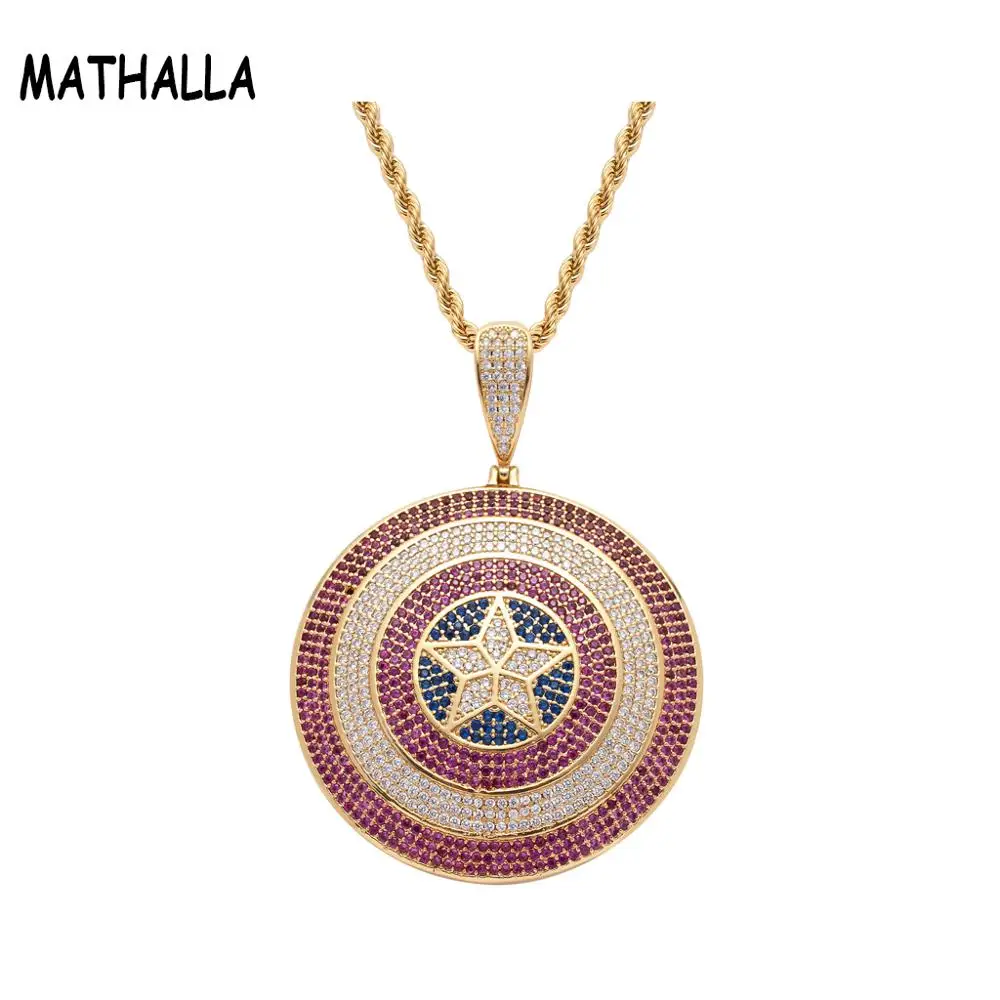 

Hiphop Cool The Avengers Super Star Captain America Shield Pendant Iced Out CZ Diamond Pendant Necklace Inspired Movie Jewelry, Gold;white gold