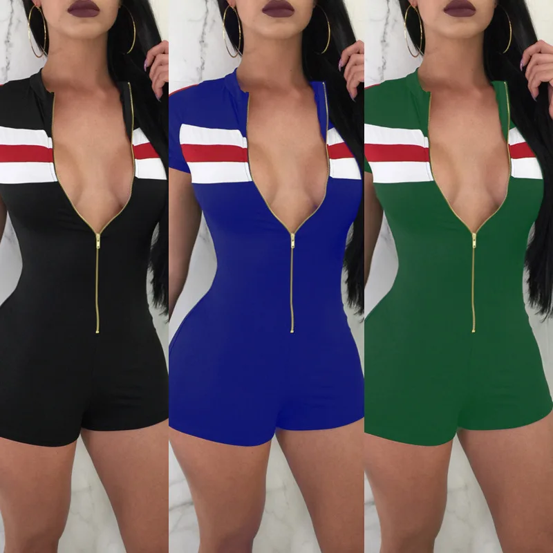 

2018 New Design patchwork finish short playsuit women's stand neck zipper sports jumpsuit, Picture