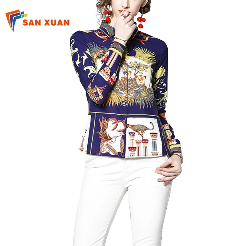 

In stock high quality fabric printing long sleeves casual single breasted standing collar top selling womens tops and blouses, Blue