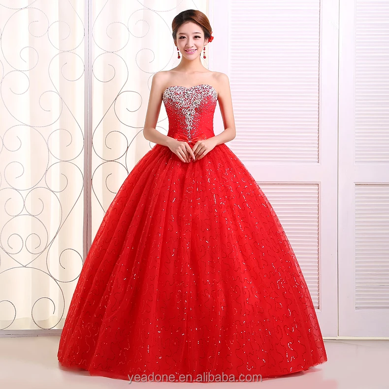 

Hot Sale Red Strapless Rhinestone Beaded Ball Gown Wedding Dress