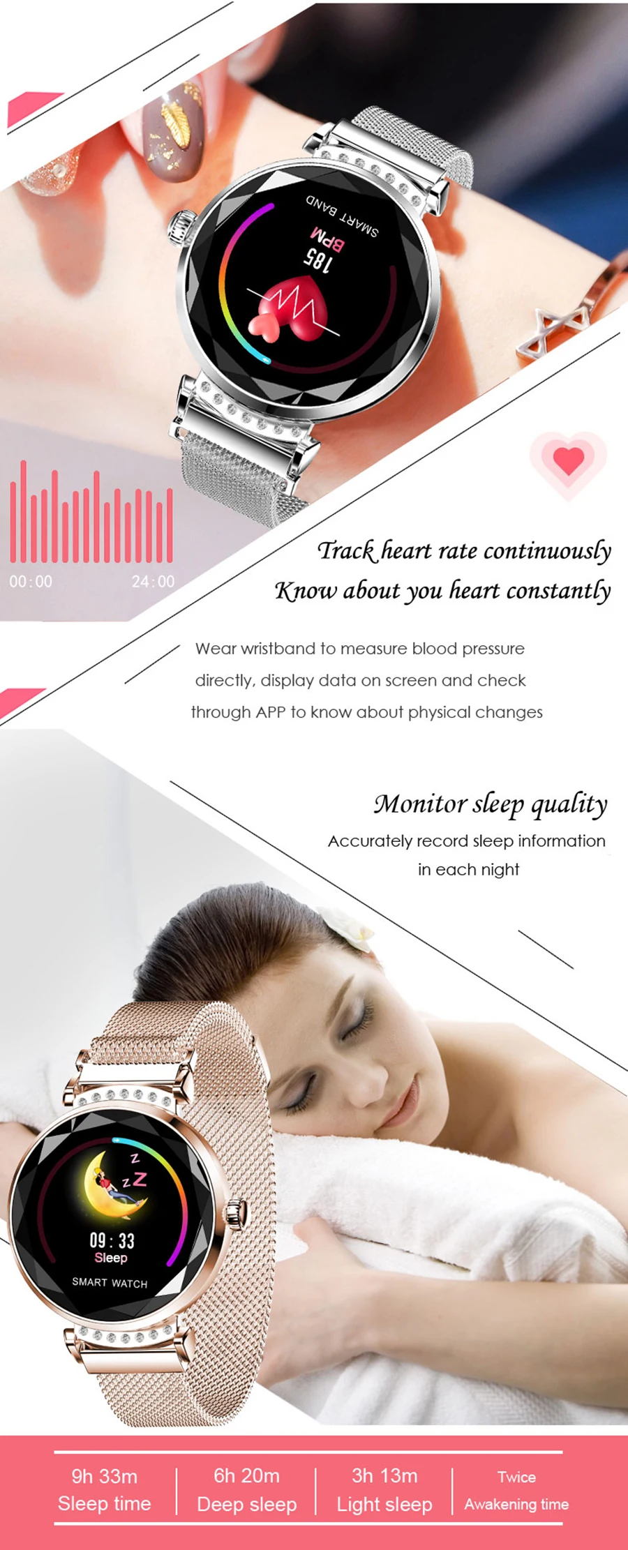 New female H2 smart watch 2019 smart fitness band blood pressure step counter steel watch for women