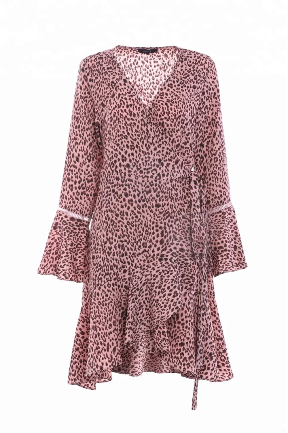 2022 New Women Blush Long Sleeves Leopard Print Chiffon Wrap Belt Dress