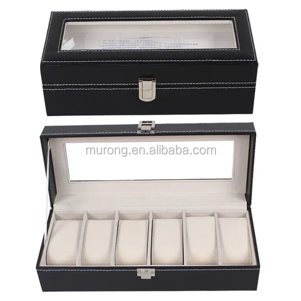 

In stock wholesale pu leather cover MDF watch box of 6 slots watches, Black