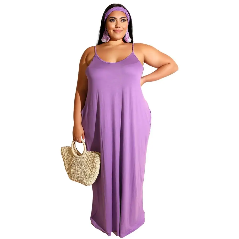 

Amazon hot sale Soild color Casual Sleeveless Fat Woman Plus Size Maxi women dress With Pockets and Belt