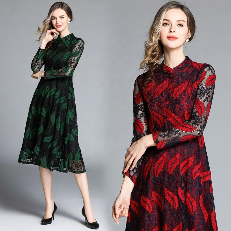 

Women Casual Lace Mid-Length Long Sleeve Floral Dress, N/a