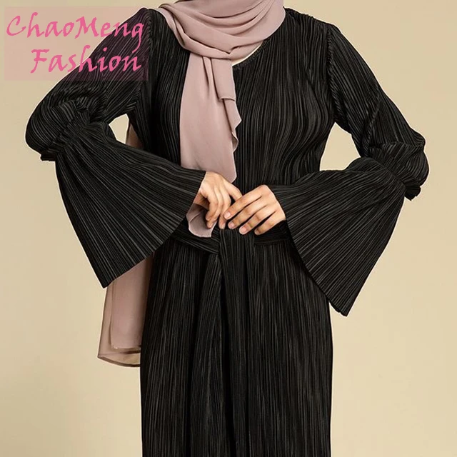 

1622# Wholesale islamic clothing long sleeve maxi pleated dresses with bell sleeves muslim modest abaya, Black;navy;cream/customized
