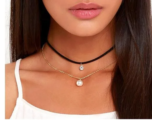 

Vintage Double Layer Black Velvet Charm Rhinestone Pearl Pendant Choker Necklace