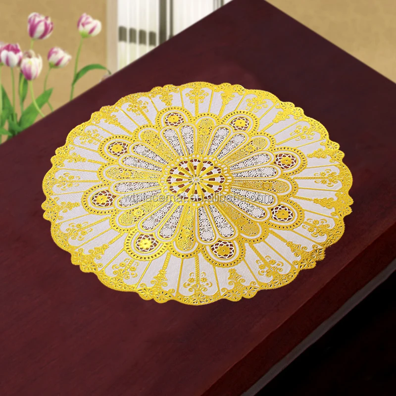 Waterproof Plastic Round Lace Doily/gold Embossed Pvc Tablemat/wrinkle