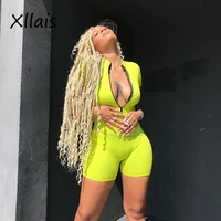 

8112 Women neon green jumpsuits for women 2019 New Arrivals short sleeve front zipper ribbed overalls sexy playsuits drop ship
