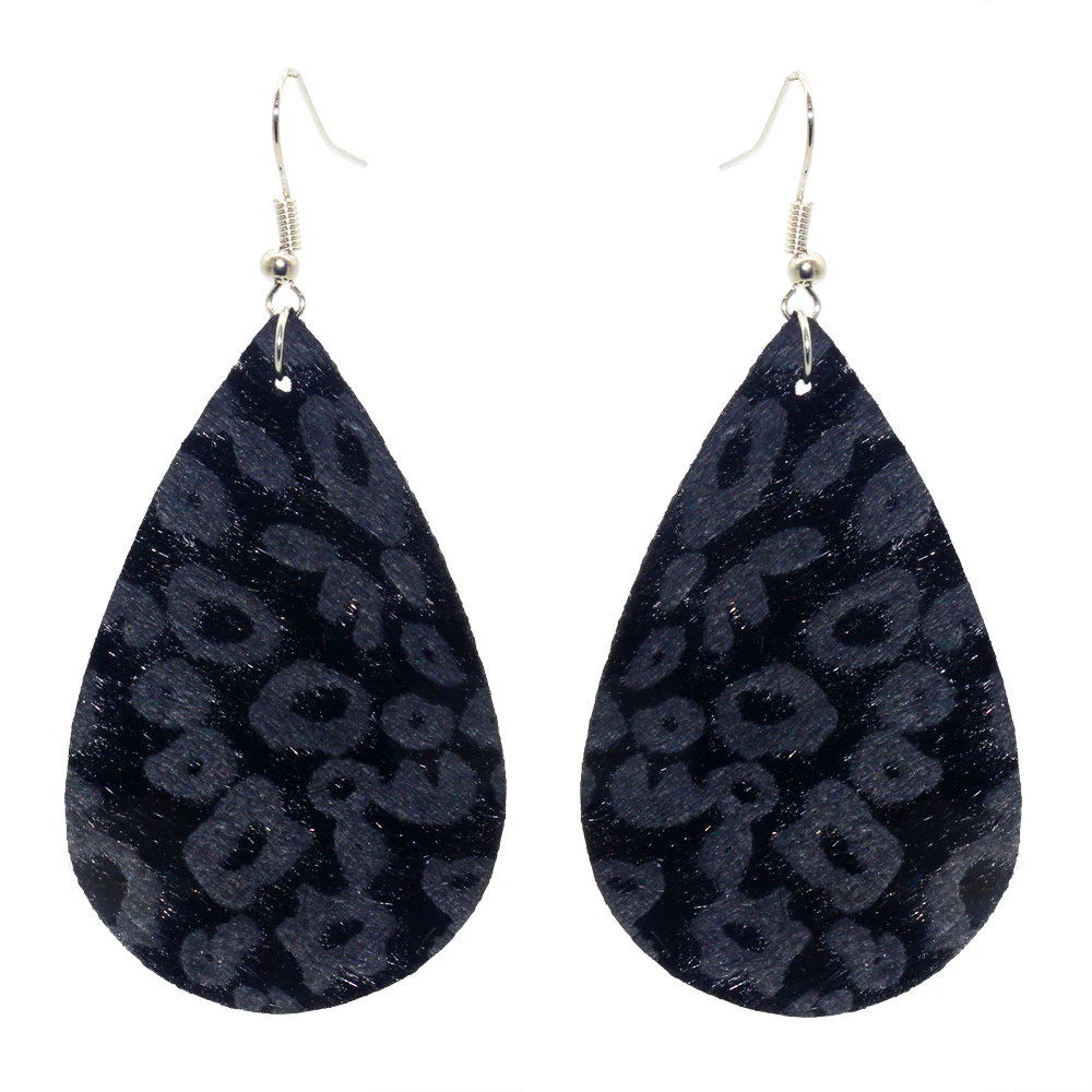 

European and American glossy leopard imitation leather earrings Punk style animal leather dripping shape leather earrings