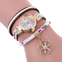 

Wholesale Vogue Braided Bracelets Watch Women Flower Pendant PU Female Party Wrap Watches WW077