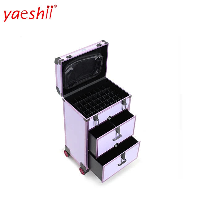 

Yaeshii Portable quality Rolling trolley beauty Makeup Nail polish carrying organizer train Case with 4-Wheels, Pink/red/black