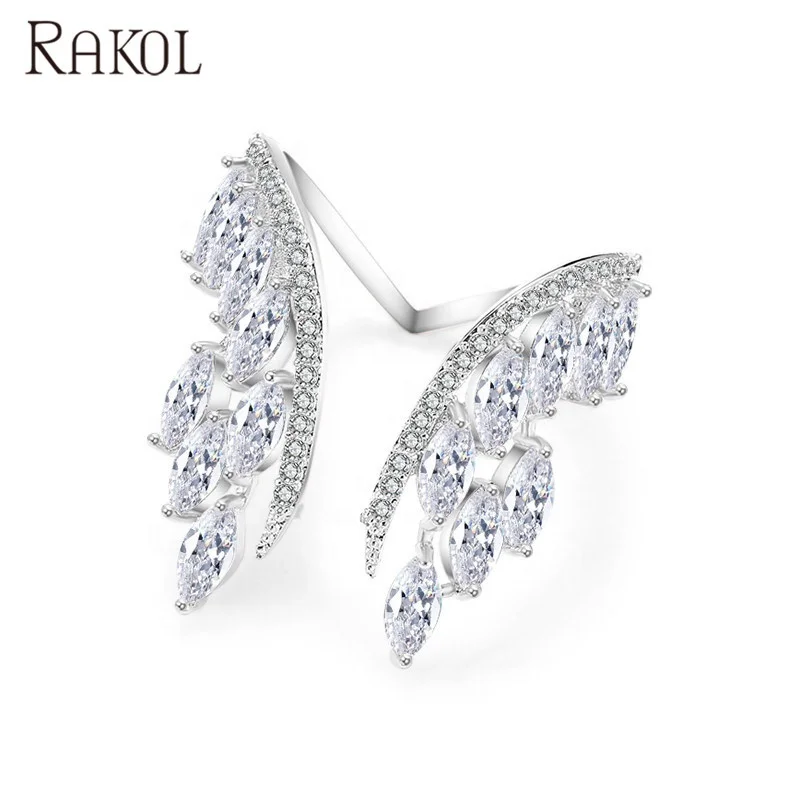 

RAKOL R188 European Style Silver Crystal Zircon Wedding Cut CZ Wing Shape Adjust Open Ring, As picture