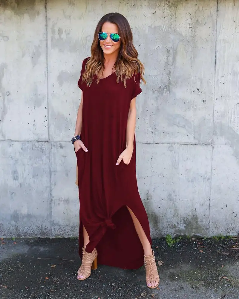 Women dress Solid color women short sleeve double slit knit Long dress with pocket dress women