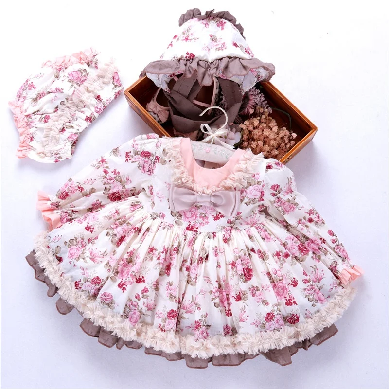 girls spanish dress flower vintage baby frock long sleeve lace with hat kids clothes wholesale ready made 197236118