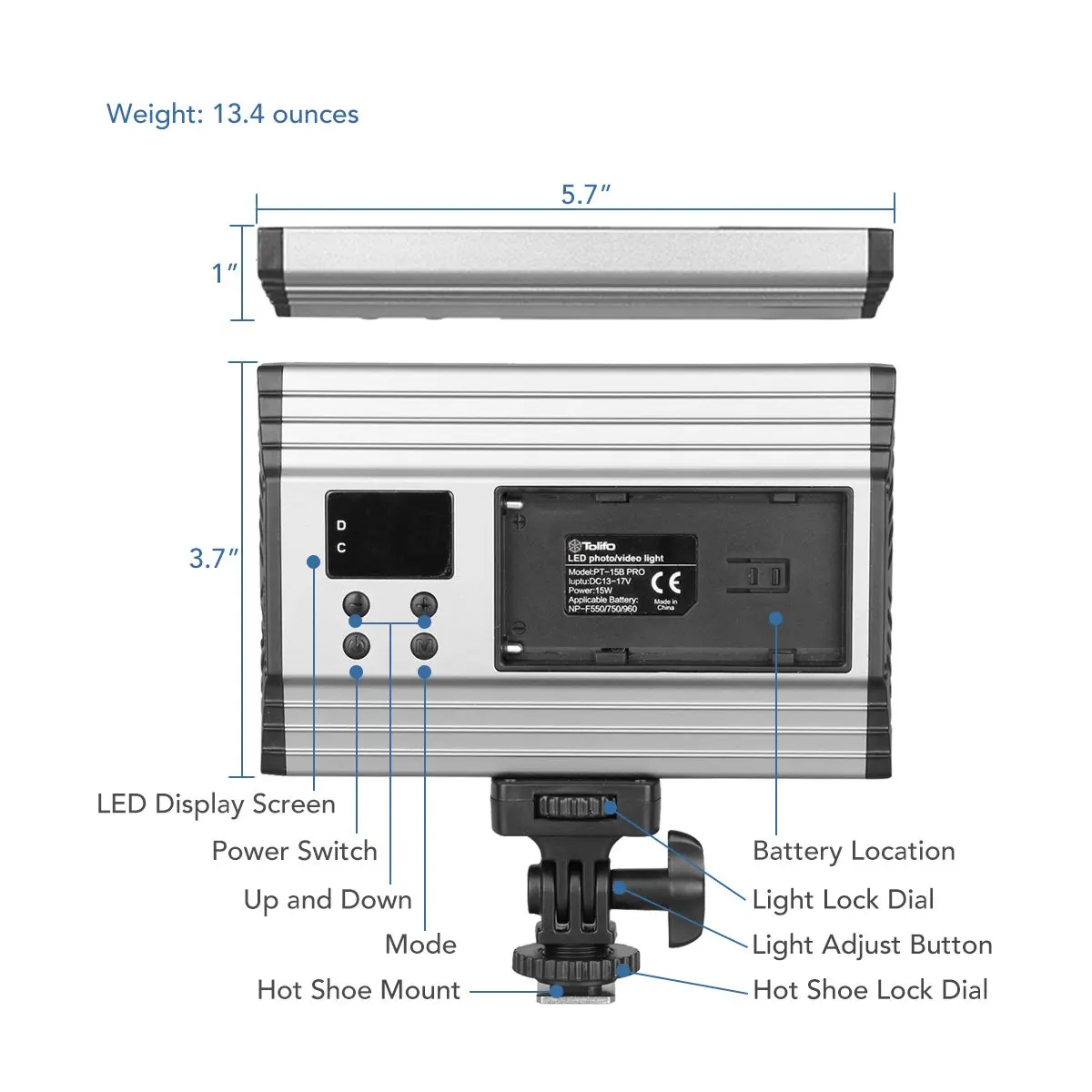 PT-15B Ultra-thin Bi-Color 3200K-5600K Aluminum Alloy Dimmable Studio Photography  LED Photo Video Panel Light for Camera