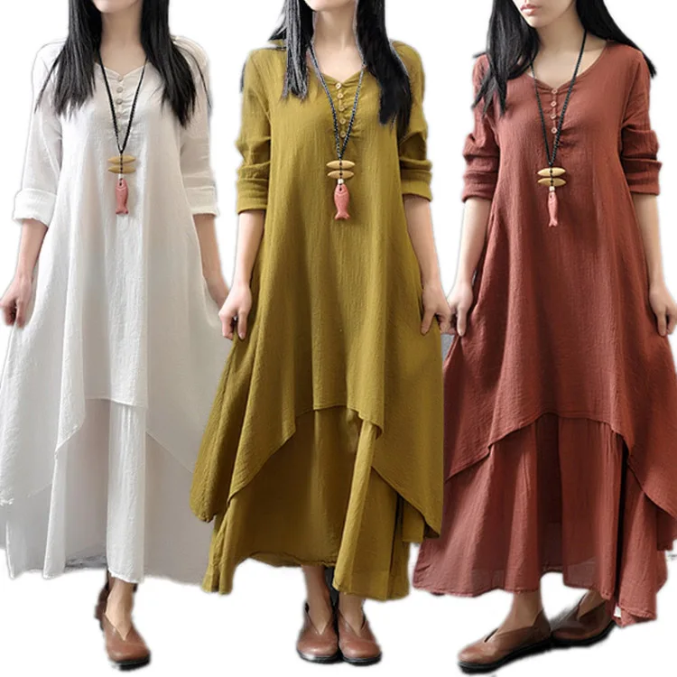 

2017 New Fashion Women girl Casual Loose Long Sleeve Boho Plus Size Solid Color Maxi Cotton Linen Dress