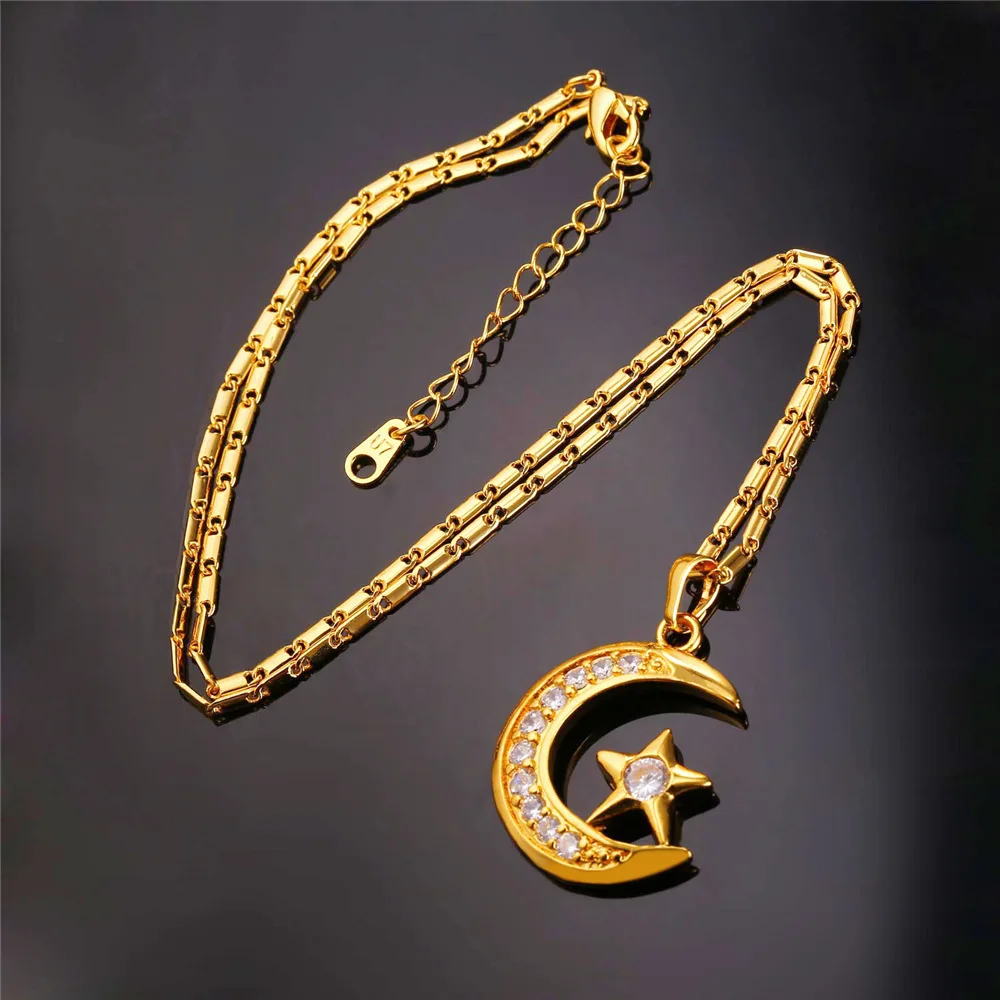 U7 Gold Plated Islamic Allah Jewelry Crystal Star Crescent Moon Pendant ...