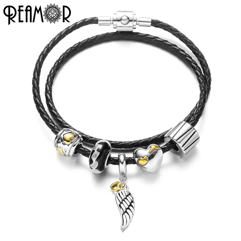 

REAMOR Trendy Angel Wings Feather Charm Women Bracelet Black Genuine Leather Braided Heart Bracelet Bangles Jewelry Love Gifts