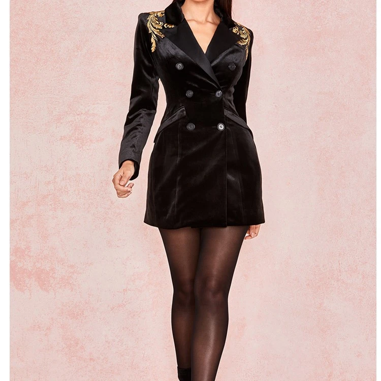 Top Quality Fashion Long Sleeve Black Deep V-neck Velvet Coat Evening Party Jacket