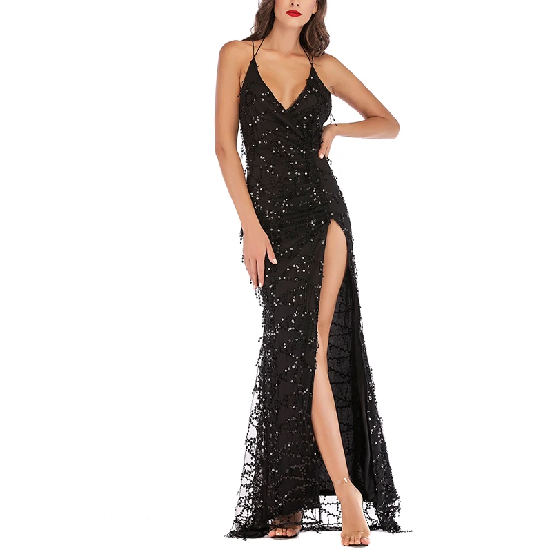 New Arrival European Fashion V Neck Sequin Elegant Evening Party Dress