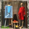 chalkboard window display , chalkboard showcase , fashion store window display furniture,vintage furniture