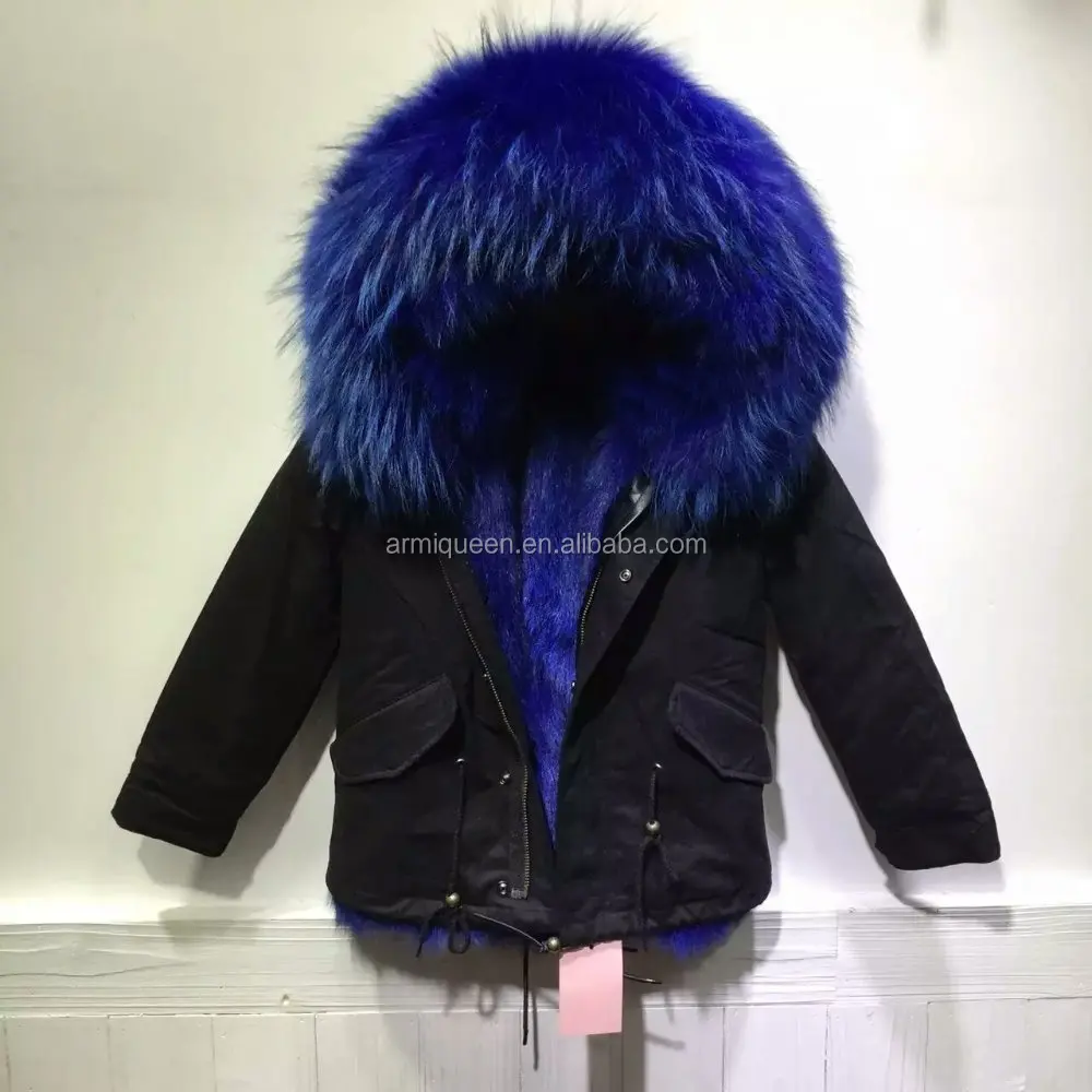 

Children Blue Fox fur Long Hair Winter Parka, Black Parka For BOY&Girl Wear In Winter, Black shell fox fur
