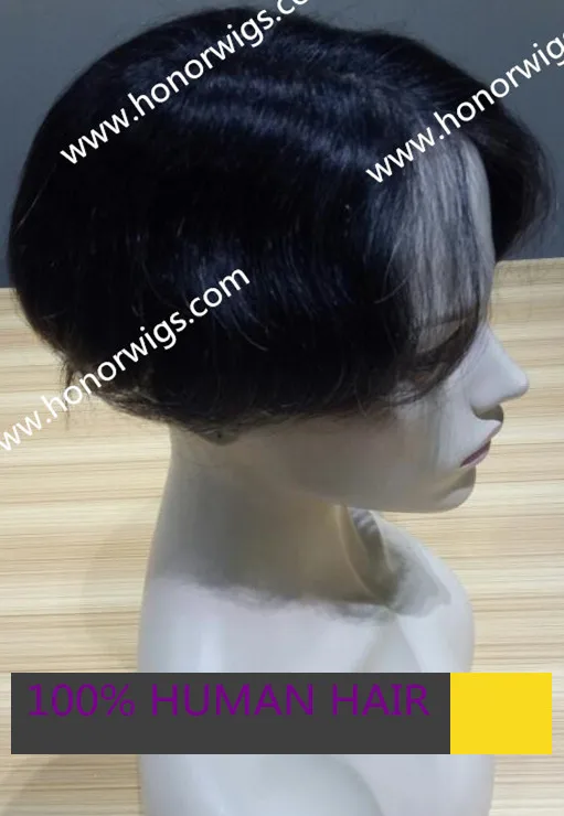 
HT427 human hair 6x8 inch Toupee #1B+5% offwhite color synthetic hair 6inches length 120% density natural wave right part wig 