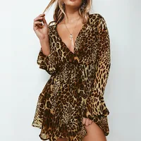 

Women Leopard Printed V-neck Sexy Girl Mini Skater Dress