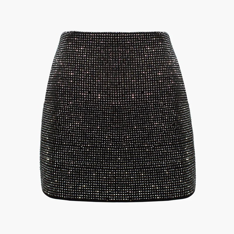 

Ladies High Waist Slim Fit Rhinestones crystals beading bling cotton party evening prom sexy women stretchy Skirt, Black