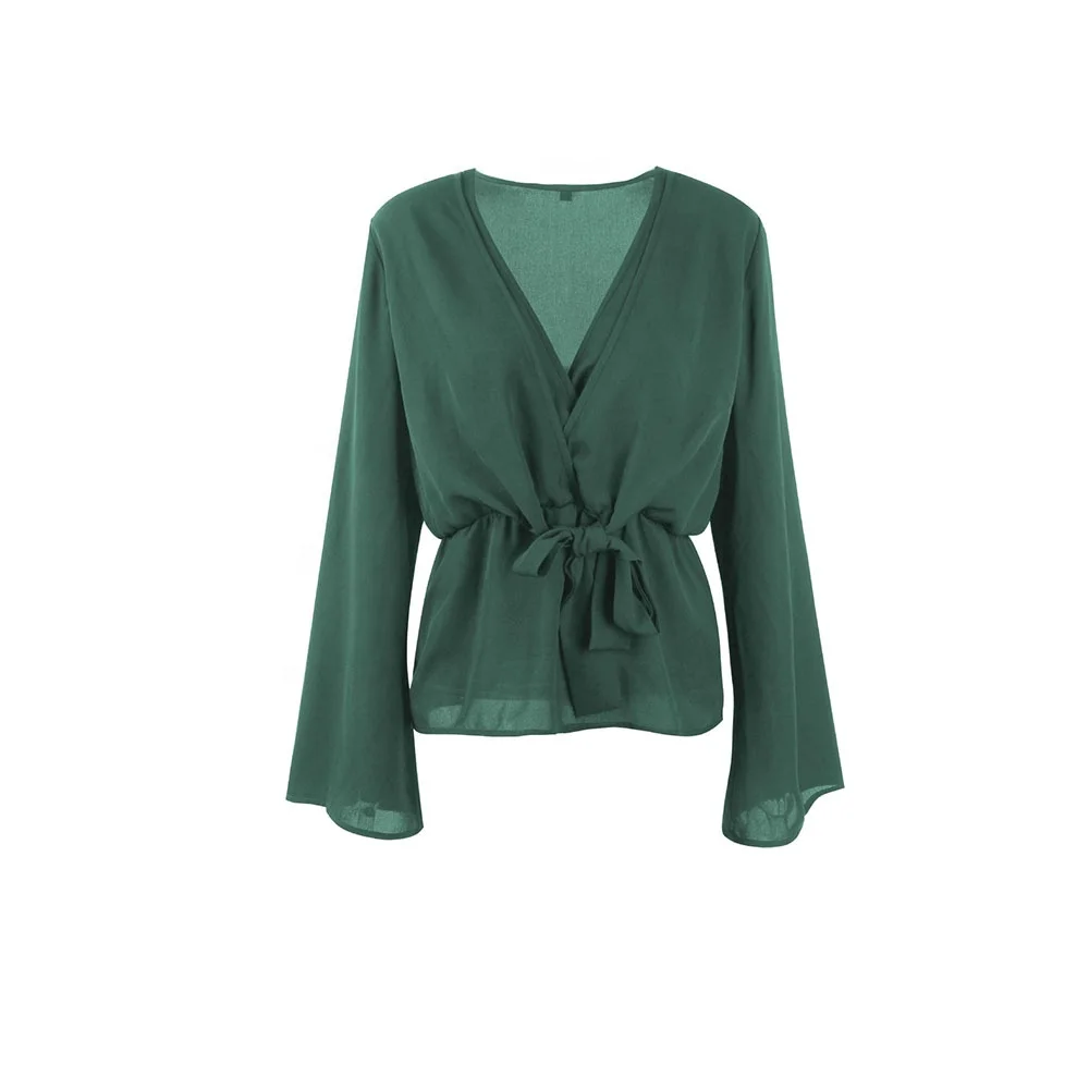 

New Style Sexy V Neck Long Sleeve Frenulum Chiffon Women Shirt