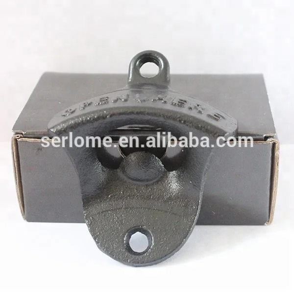 
Black Cast Iron Open Here Wall Mounted Bottle Opener Black Stainless Steel Cap Catcher 