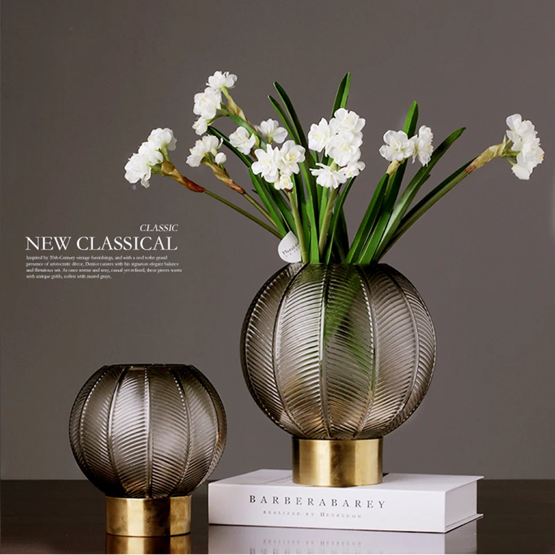 

New Style Wholesales Handblown Living Room Decoration Round Shape Colored Flower Glass Vase, Gray