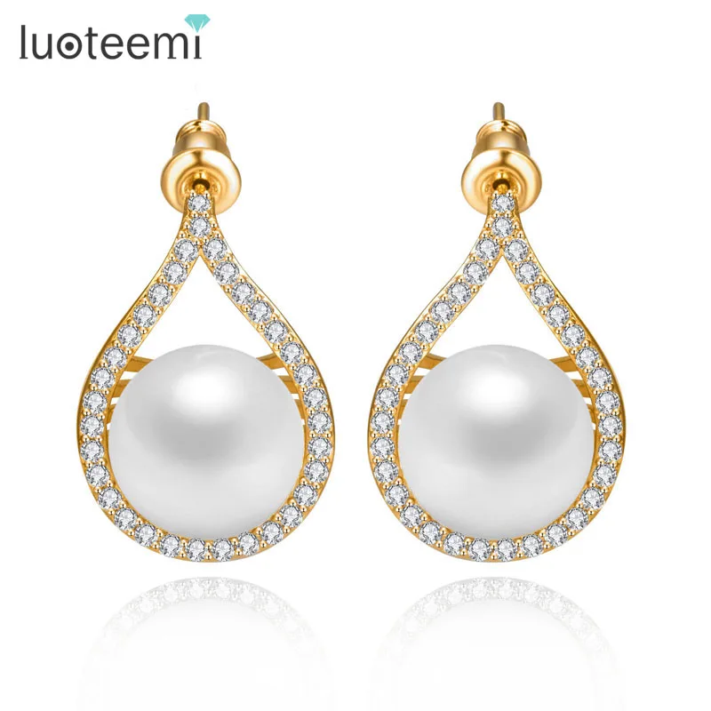 LUOTEEMI Wholesale Fashion Artificial Design Champagne Gold A AA Zircon Bridal Wedding Waterdrop Pearl Earrings