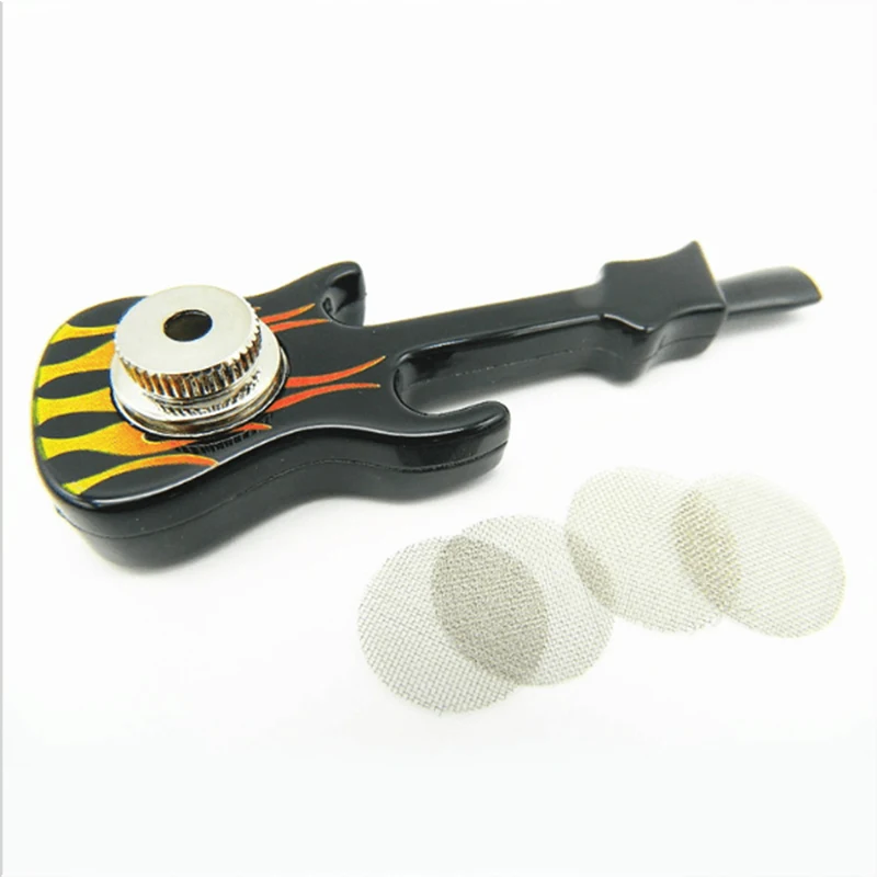 Novelty Guitar Shape Metal Smoking Weed Pipes With Lid Retail Package