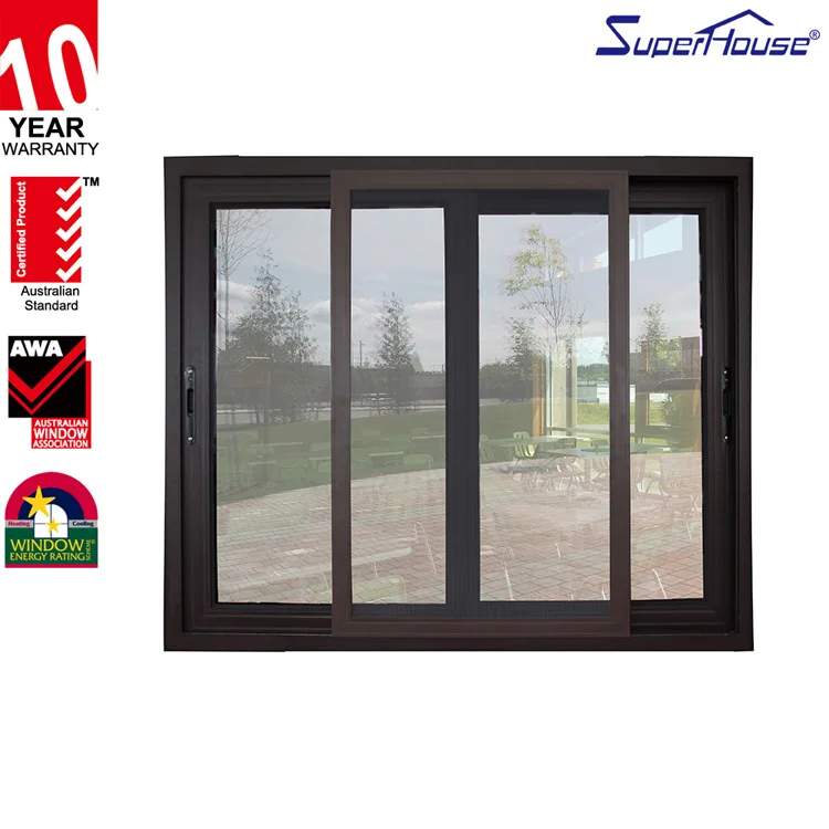 Double tempered glass bronze color AS2047 aluminium sliding windows with flyscreen