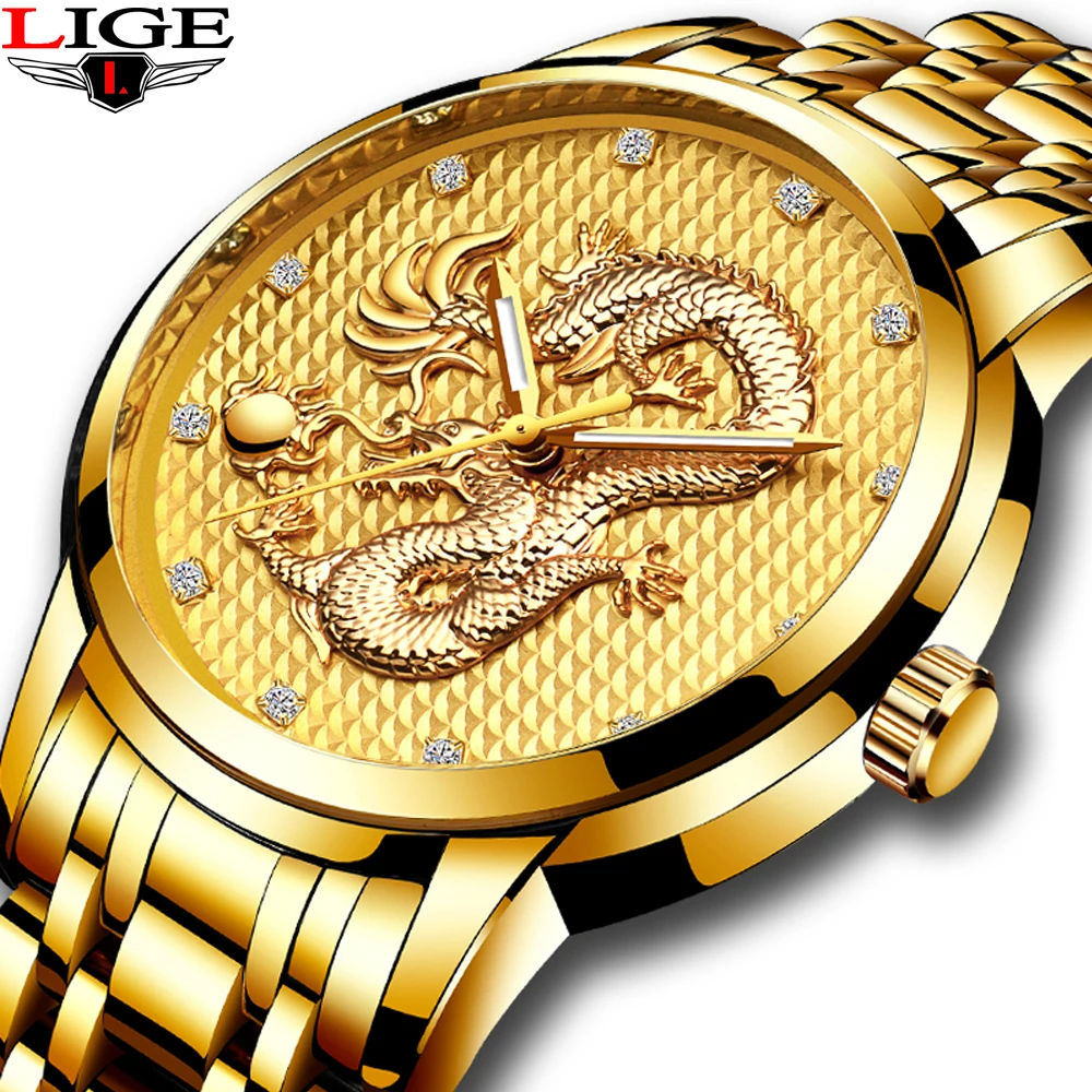 

LIGE LG9850A-All Yellow Top Brand Luxury Gold Dragon Sculpture Quartz Watch Men Full Steel Wristwatch