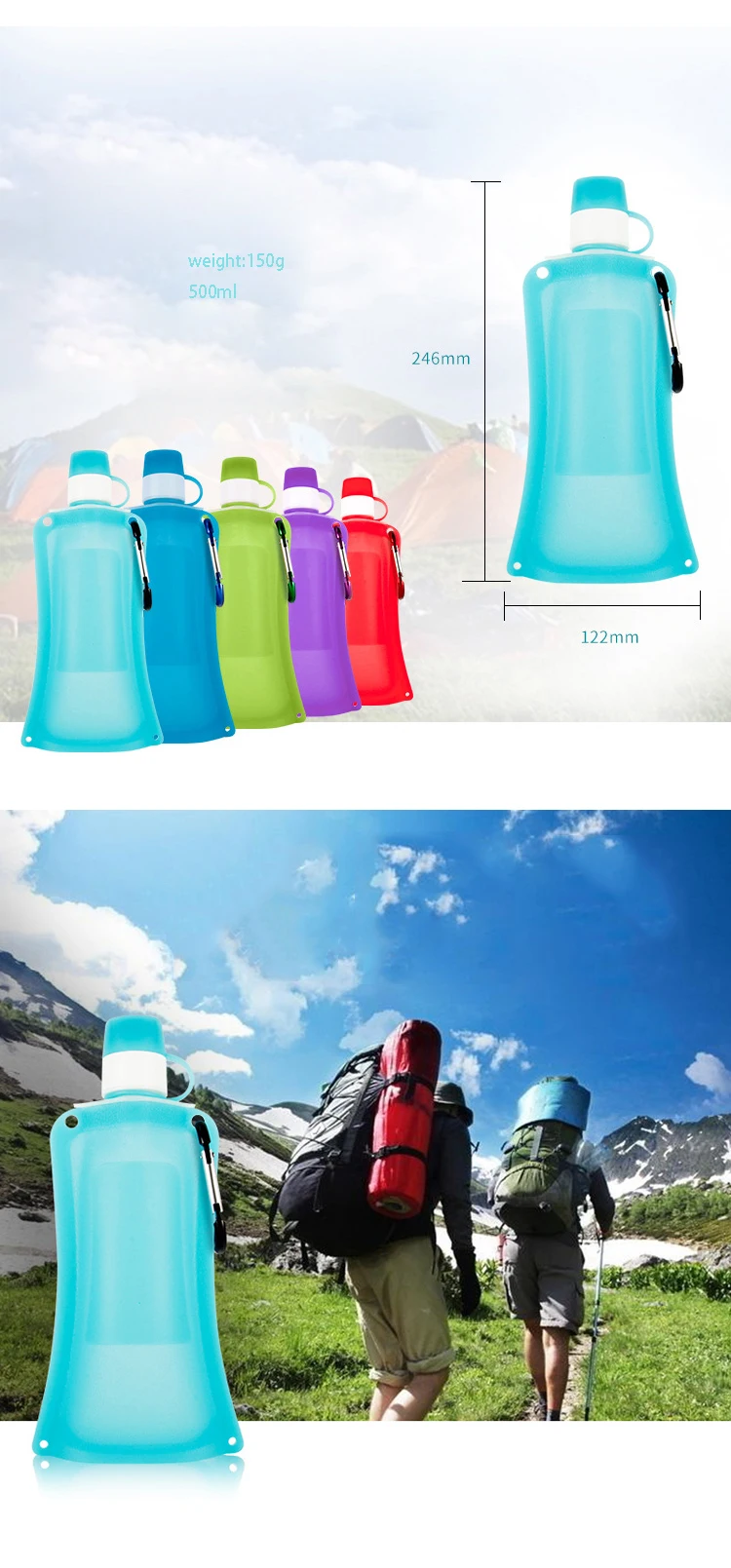 BPA Free Foldable Silicone Water Bottle Collapsible