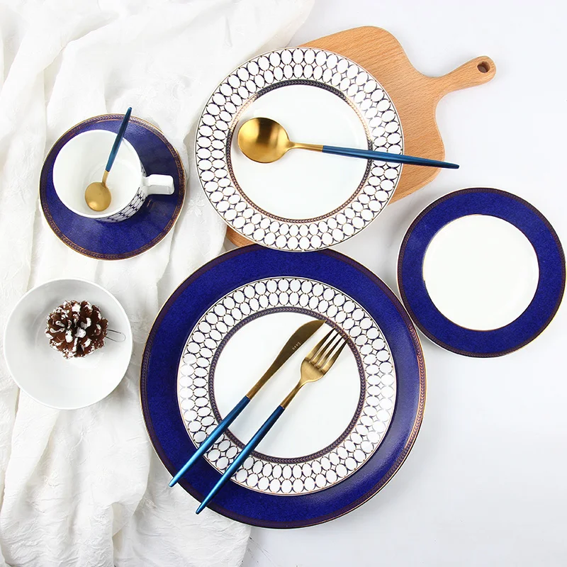 

Good quality fine bone china dinner set Luxurious style royal 8pcs ceramic dinner set, Blue designs