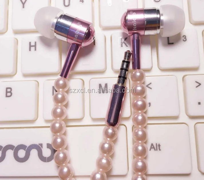 Phone Mp3 Headphone In Ear Diamond Pearl beads couple necklace Earphones With Mic Fashional gift Girls earbuds headset