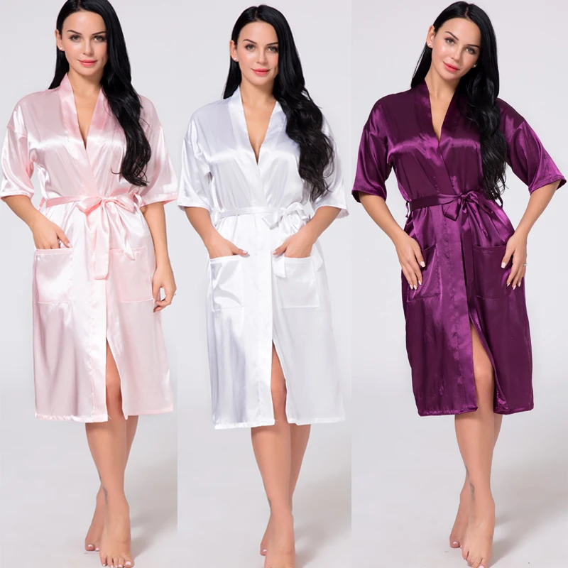 

Wholesales Luxury Silk Kimono Robes Bridesmaid Silk Dressing Gown Women's Kimono Robe For Wedding Bride Gift Bath Robe, White/black/pink/navy/red/purple