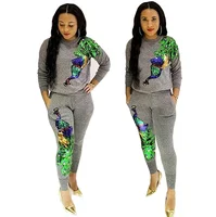 

2019 Spring New Peacock Sequins Two Piece Set Grey Tracksuit For Women Loose Casual Outfits Pockets Clothing Cropped Sweatsuit