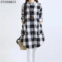 

CUHAKCI New design casual T Shirts Women Clothing plaid maxi long sleeve Single Plus size Plaid Print Shirts