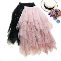 

Summer Lace Hot Stamping Star Sequins Irregular Mesh Tutu Skirt Women Bohemian High Waist Mid-Calf Pleated Cake Skirt Girls E246