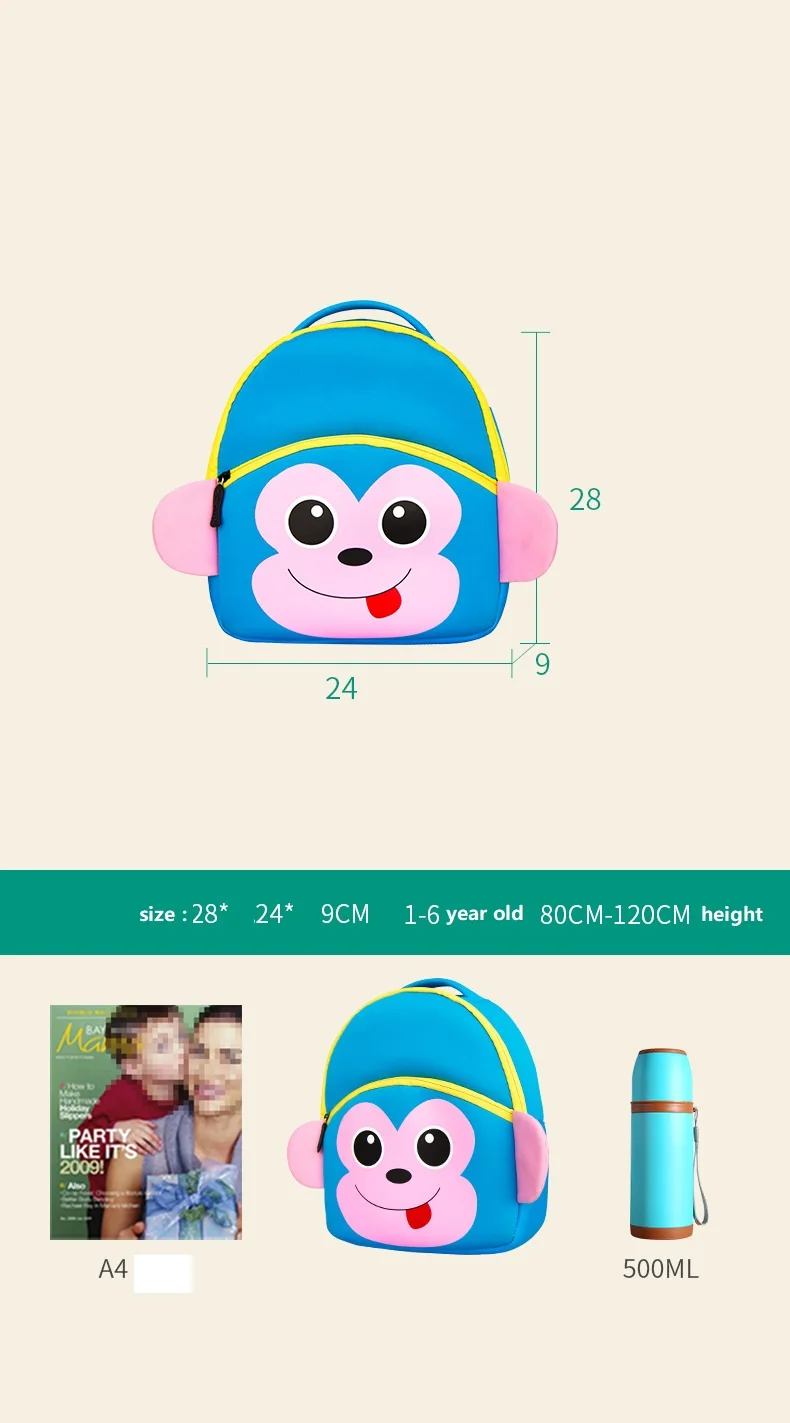 Kindergarten kids school backpack bag Neoprene cute animal backpack for young children toddler