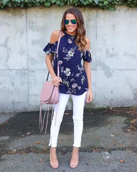 

simple style floral print off shoulder short sleeve top women fashion blouse, Blue