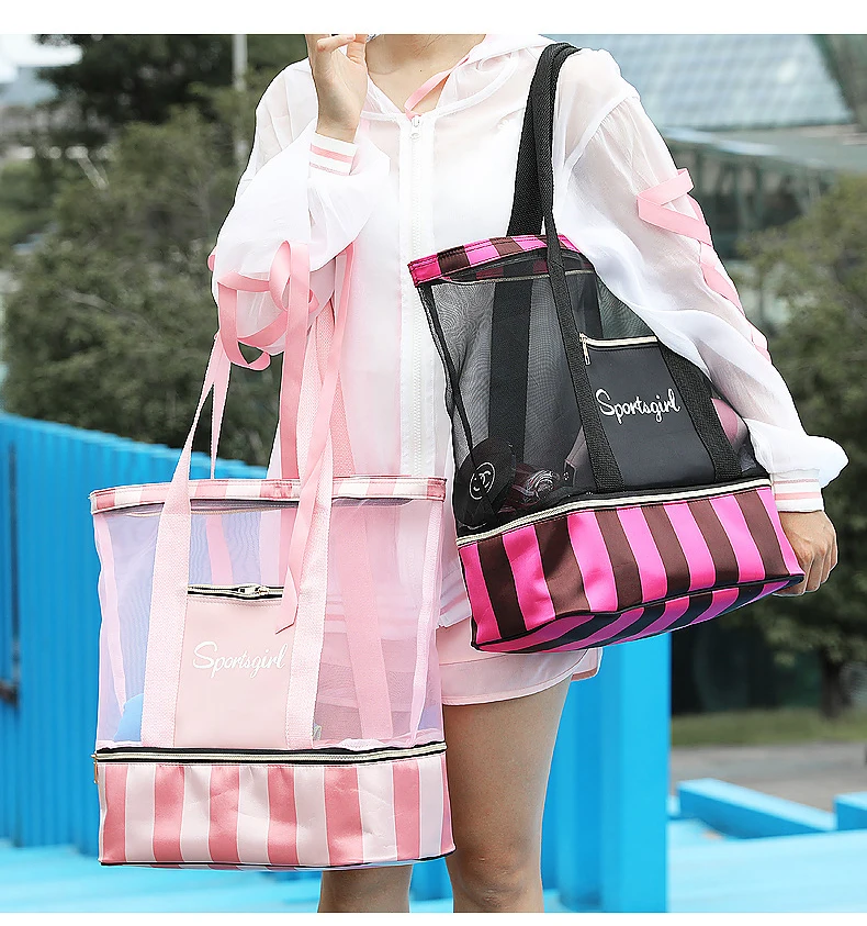 

Yzora Custom Summer Foldable Zipper Beach Swim Mesh Tote for Women Gym Dry Wet Depart Pink Red