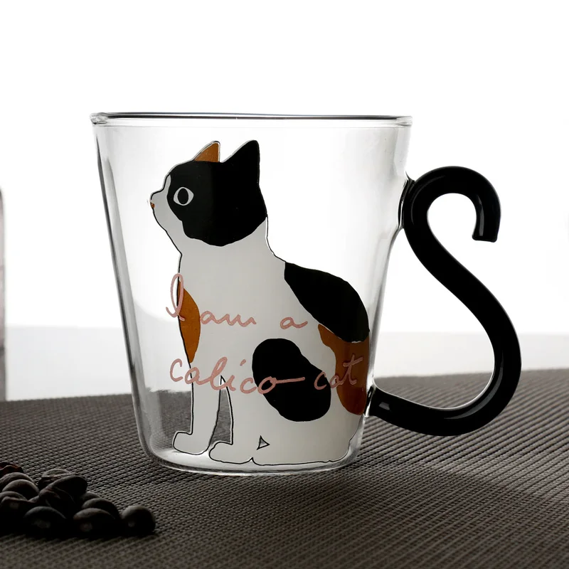 

Hot sale products cat shaped drinking glass cup heat-resistant glass coffee mugs, White, black