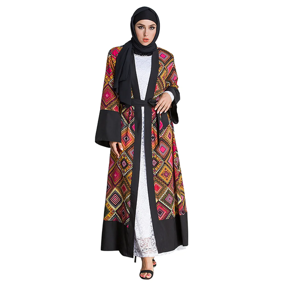 

Zakiyyah 1539 Wholesale Black Open Abaya with Diamond Pattern Sexy Kimono with Belt Kaftan Indonesia Style, Picture