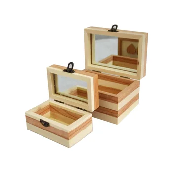 Japan Style Cosmetic Children Small Wooden Jewelry Box With Mirror